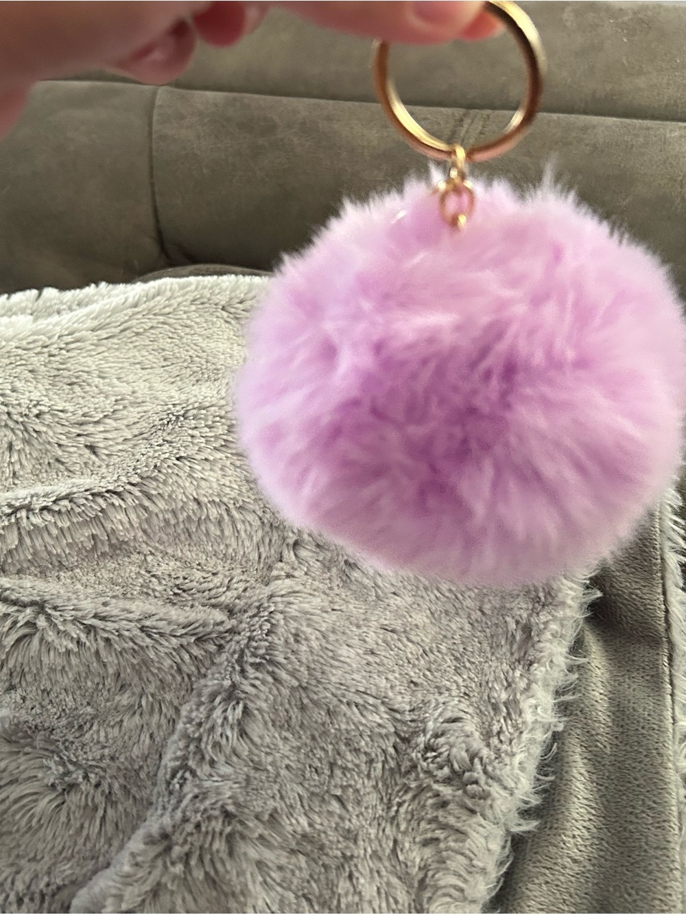 4/$50 Plush Pom Pom Keychain - Lavender Faux Fur with Gold Ring